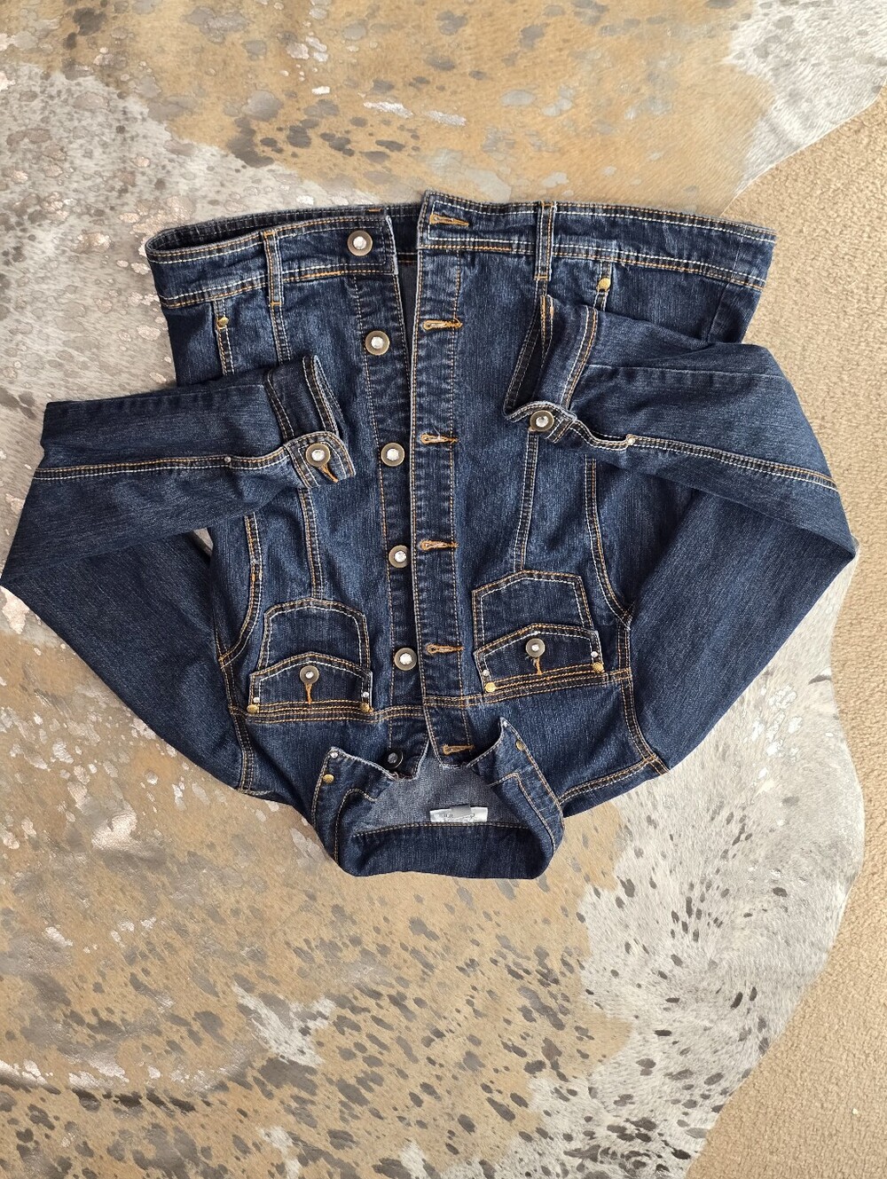 dressbarn Dark Blue Denim Jacket with Gold Stitching - Picture 6 of 9